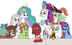 Size: 3264x2059 | Tagged: safe, artist:supahdonarudo, derpibooru import, captain celaeno, fleur-de-lis, gilda, minuette, princess celestia, queen novo, sweetie belle, tree hugger, yona, oc, oc:ironyoshi, alicorn, classical hippogriff, earth pony, gryphon, hippogriff, parrot pirates, unicorn, yak, my little pony: the movie, bow, clothes, ear piercing, earring, glass, happy birthday mlp:fim, hat, hoof on chin, image, jewelry, mlp fim's tenth anniversary, monkey swings, piercing, pirate, pirate hat, png, raised hoof, shirt, simple background, transparent background, wine glass