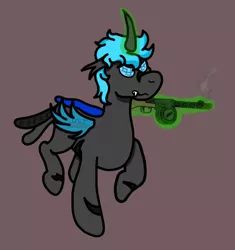 Size: 756x803 | Tagged: safe, artist:un simple tio, derpibooru import, oc, oc:loshad, unofficial characters only, changeling, hybrid, pegasus, angry, black fur, blue eyes, blue wings, brown background, changeling oc, compound eyes, fangs, gun, gunsmoke, horn, image, magic, magic aura, male, png, ppsh-41, scar, scarred, simple background, smoke, solo, submachinegun, weapon, wings
