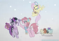 Size: 1721x1200 | Tagged: safe, artist:muffins4everypony, derpibooru import, fluttershy, pinkie pie, twilight sparkle, twilight sparkle (alicorn), alicorn, earth pony, pegasus, pony, book, christmas, clothes, cute, earmuffs, eyes closed, hearth's warming, holiday, hug, image, implied applejack, implied rainbow dash, implied rarity, levitation, magic, plushie, png, present, scarf, shyabetes, sled, smiling, snow, snowfall, telekinesis