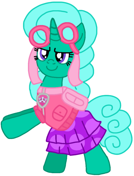 Size: 705x927 | Tagged: safe, artist:徐詩珮, derpibooru import, glitter drops, pony, unicorn, series:sprglitemplight diary, series:sprglitemplight life jacket days, series:springshadowdrops diary, series:springshadowdrops life jacket days, alternate universe, clothes, cute, female, glitterbetes, i can't believe it's not ejlightning007arts, image, mare, paw patrol, png, simple background, skye (paw patrol), transparent background