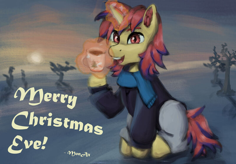 Size: 1280x888 | Tagged: safe, artist:monx94, derpibooru import, oc, oc:sunrise moonshadow, unofficial characters only, pony, unicorn, christmas, clothes, commission, cup, ear fluff, full body, glowing horn, holiday, horn, image, jpeg, looking at you, magic, male, mane, open mouth, outdoors, scarf, sitting, smiling, snow, solo, stallion, sun, sunset, winter