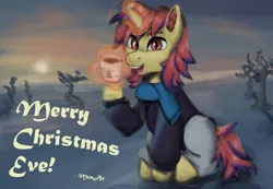 Size: 1280x888 | Tagged: safe, artist:monx94, derpibooru import, oc, oc:sunrise moonshadow, unofficial characters only, pony, unicorn, christmas, clothes, commission, cup, ear fluff, full body, glowing horn, holiday, horn, image, jpeg, looking at you, magic, male, mane, open mouth, outdoors, scarf, sitting, smiling, snow, solo, stallion, sun, sunset, winter