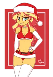 Size: 1632x2360 | Tagged: suggestive, artist:notenoughapples, derpibooru import, sunset shimmer, equestria girls, bedroom eyes, belly button, breasts, choker, christmas, cleavage, clothes, costume, evening gloves, gloves, hat, heart eyes, holiday, image, lip bite, long gloves, looking at you, miniskirt, panties, png, santa costume, santa hat, simple background, skirt, socks, solo, thigh highs, thong, underwear, wingding eyes