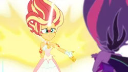 Size: 1920x1080 | Tagged: safe, derpibooru import, screencap, sci-twi, sunset shimmer, twilight sparkle, equestria girls, friendship games, bare shoulders, daydream shimmer, image, midnight sparkle, png, sleeveless, strapless, take my hand