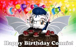 Size: 1280x800 | Tagged: safe, artist:batponyecho, derpibooru import, oc, oc:connie, oc:constella kino, unofficial characters only, bat pony, pony, 3d, bat pony oc, bat wings, cake, eating, fangs, female, food, glasses, happy birthday, image, looking at you, mare, png, portal (valve), smiling, smiling at you, solo, source filmmaker, spread wings, the cake is a lie, wings