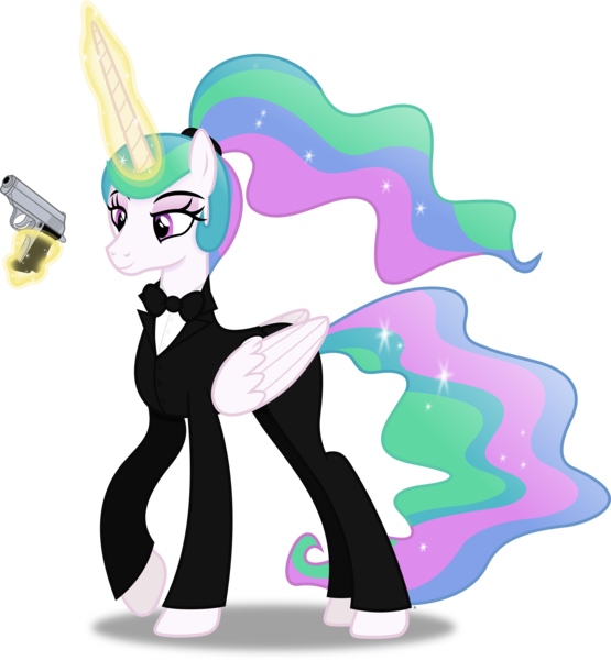 Size: 5023x5427 | Tagged: safe, artist:anime-equestria, derpibooru import, princess celestia, alicorn, pony, alternate hairstyle, bowtie, clothes, eyeshadow, female, glowing horn, gun, handgun, horn, image, james bond, levitation, magic, makeup, mare, pistol, png, ponytail, simple background, smiling, solo, suit, telekinesis, transparent background, tuxedo, walther ppk, weapon, wings