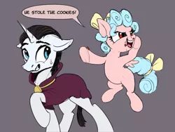 Size: 3995x3000 | Tagged: safe, artist:xbi, derpibooru import, chancellor neighsay, cozy glow, pegasus, pony, unicorn, accusation, blatant lies, cookie thief, dialogue, duo, female, filly, flying, gray background, image, jpeg, male, pure concentrated unfiltered evil of the utmost potency, pure unfiltered evil, simple background, stallion, tabun art-battle finished after