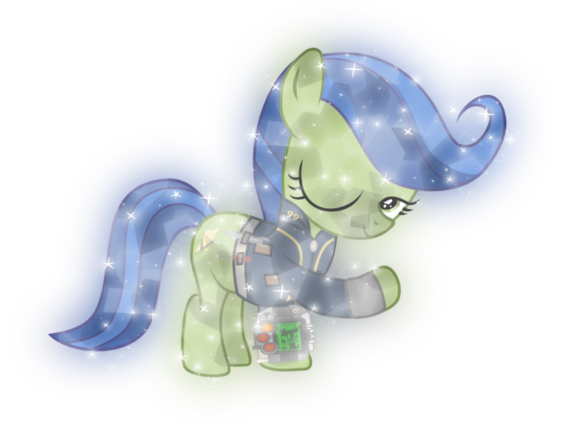 Size: 7010x5314 | Tagged: safe, artist:lincolnbrewsterfan, derpibooru import, oc, oc:scotch tape, crystal pony, earth pony, pony, fallout equestria, fallout equestria: project horizons, absurd resolution, alternate hairstyle, clothes, crystallized, derpibooru exclusive, fanfic art, female, filly, foal, image, looking at you, one eye closed, pipbuck, pipbuck 3000, png, screwdriver, simple background, smiling, transparent background, vault suit, wink, winking at you, wrench