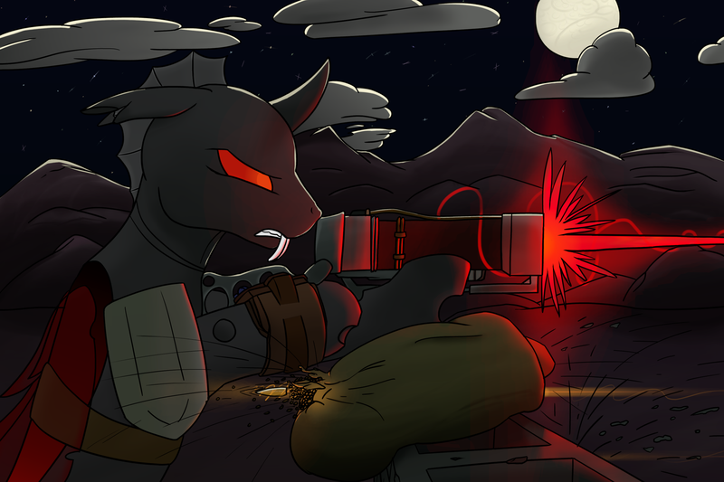 Size: 3072x2048 | Tagged: safe, artist:luther, derpibooru import, oc, oc:shift changeling, unofficial characters only, changeling, fallout equestria, birthday gift, bullet, changeling oc, cloud, concrete, fangs, fight, gun, image, laser, laser rifle, male, moon, mountain, night, pipbuck, png, red changeling, red eyes, red wings, sandbag, weapon