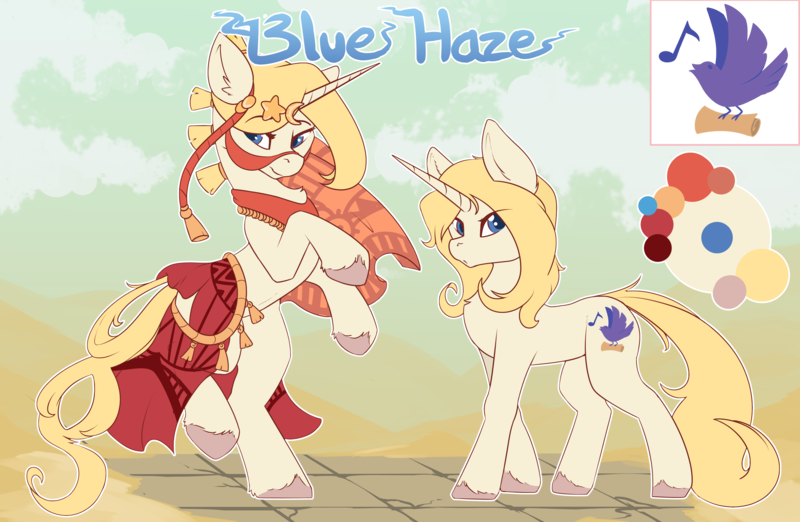 Size: 4284x2795 | Tagged: safe, alternate version, artist:beardie, derpibooru import, oc, oc:blue haze, unofficial characters only, pony, unicorn, ponyfinder, bard, blonde, blonde hair, blonde mane, blue eyes, clothes, cloud, dress, dungeons and dragons, fantasy class, female, horn, image, jewelry, mare, name, pathfinder, pen and paper rpg, png, reference sheet, rpg, simple background