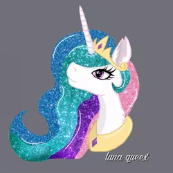 Size: 1080x1080 | Tagged: safe, artist:luna.queex, derpibooru import, princess celestia, alicorn, pony, bust, ear fluff, ethereal mane, eyelashes, female, gray background, horn, image, jewelry, jpeg, looking up, mare, peytral, signature, simple background, solo, starry mane, tiara