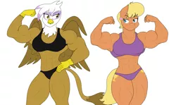 Size: 2663x1588 | Tagged: suggestive, artist:matchstickman, derpibooru import, gilda, ms. harshwhinny, anthro, earth pony, gryphon, pony, abs, breasts, busty gilda, busty ms. harshwhinny, clothes, digital art, female, flexing, image, mare, ms. harshmeaty, muscles, muscular female, png, rippda, simple background, sports bra, white background