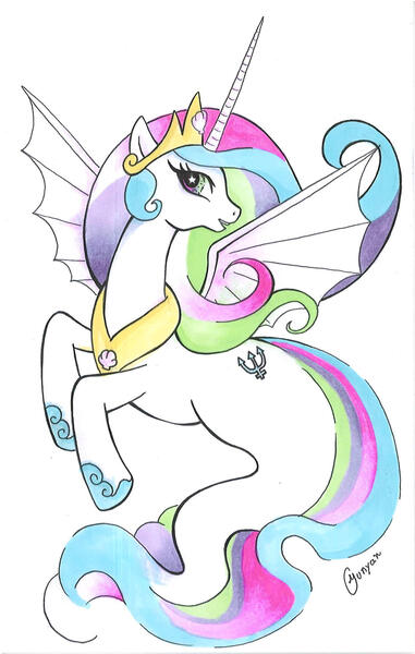 Size: 1275x2008 | Tagged: safe, artist:yunyan-ny, derpibooru import, princess celestia, alicorn, hybrid, merpony, pony, seapony (g4), crown, eyelashes, female, fish tail, flowing mane, flowing tail, hoof shoes, horn, image, jewelry, jpeg, long horn, necklace, open mouth, regalia, seaponified, seapony celestia, seashell, shell, simple background, smiling, solo, species swap, tail, traditional art, white background, wings