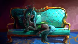 Size: 1281x720 | Tagged: safe, artist:plainoasis, derpibooru import, queen chrysalis, changeling, changeling queen, couch, crown, female, image, jewelry, looking at you, lying down, open mouth, png, prone, regalia, solo