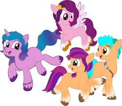 Size: 5129x4461 | Tagged: safe, artist:alexdti, derpibooru import, hitch trailblazer, izzy moonbow, pipp petals, sunny starscout, earth pony, pegasus, pony, unicorn, absurd resolution, blaze (coat marking), cloven hooves, female, g5, image, looking at each other, looking back, male, mare, open mouth, png, simple background, socks (coat marking), transparent background, unshorn fetlocks