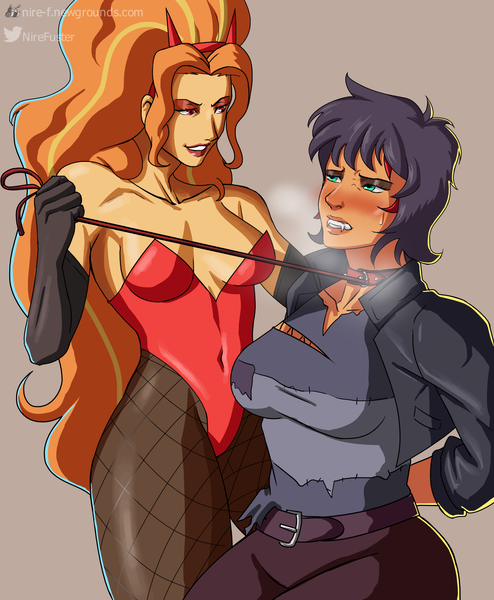 Size: 1754x2131 | Tagged: suggestive, artist:nire, derpibooru import, adagio dazzle, sunset shimmer, equestria girls, a-domme-gio, arm behind back, blushing, blushing profusely, breasts, breath, busty sunset shimmer, cleavage, clenched teeth, clothes, collar, devil, dominatrix, duo, duo female, evening gloves, eye contact, eyeshadow, female, femdom, femsub, gloves, halloween, headband, holiday, horns, image, jacket, leash, leotard, lesbian, lipstick, long gloves, looking at each other, makeup, pantyhose, pet play, png, shipping, spiked collar, submissive, subset, sunsagio, sweat, sweatdrop, tied up, vampire shimmer