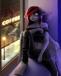 Size: 2000x2500 | Tagged: safe, artist:thatdreamerarts, derpibooru import, oc, anthro, pegasus, vampire, belly button, bra, bra strap, chains, choker, clothes, coffee, image, jeans, light post, night, off shoulder, pants, png, slitted eyes, solo, underwear, wings