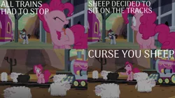 Size: 2000x1125 | Tagged: safe, derpibooru import, edit, edited screencap, editor:quoterific, screencap, all aboard, pinkie pie, earth pony, pony, sheep, party pooped, eyes closed, female, hat, image, male, nose in the air, open mouth, png, train, train station, yelling