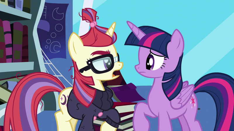 Size: 1280x720 | Tagged: safe, derpibooru import, screencap, moondancer, twilight sparkle, twilight sparkle (alicorn), alicorn, pony, unicorn, amending fences, bookshelf, clothes, female, glasses, image, mare, png, sweater, twilight's canterlot home