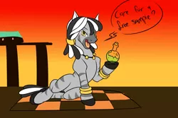 Size: 1800x1200 | Tagged: safe, artist:redahfuhrerking, derpibooru import, oc, zebra, them's fightin' herds, background character, bottle, community related, huoshan, image, png, solo, sultry pose