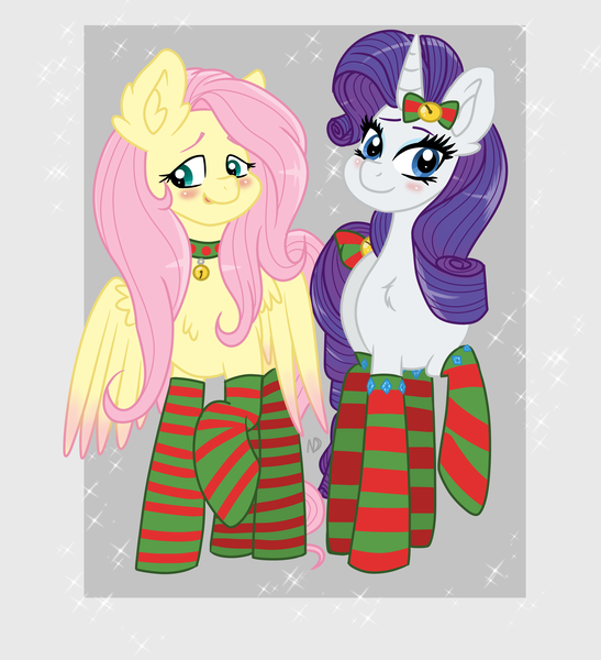 Size: 2976x3266 | Tagged: safe, artist:nightydream, derpibooru import, fluttershy, rarity, pegasus, pony, unicorn, bell, bell collar, blushing, bow, cat bell, chest fluff, choker, christmas, clothes, collar, colored wings, colored wingtips, duo, ear fluff, holiday, image, looking at you, looking away, png, raised hoof, ribbon, smiling, socks, sparkles, spread wings, standing, striped socks, tail bow, wings