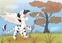 Size: 1750x1225 | Tagged: safe, derpibooru import, oc, oc:calypso, unofficial characters only, hippogriff, hybrid, zebra, grass, image, jpeg, solo, spear, tree, weapon, zebra oc