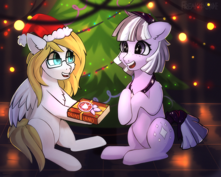 Size: 2500x2000 | Tagged: safe, artist:freak-side, derpibooru import, oc, oc:bright calm, oc:misty light, earth pony, pegasus, pony, christmas, christmas lights, christmas tree, holiday, image, png, present, tree