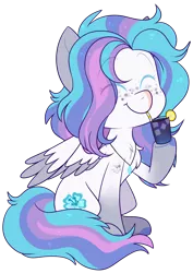 Size: 1804x2552 | Tagged: safe, artist:jetjetj, derpibooru import, part of a set, oc, oc:frosted hibiscus, unofficial characters only, pegasus, pony, chibi, commission, eyes closed, female, image, mare, png, simple background, sitting, smiling, solo, transparent background, two toned wings, wings, ych result