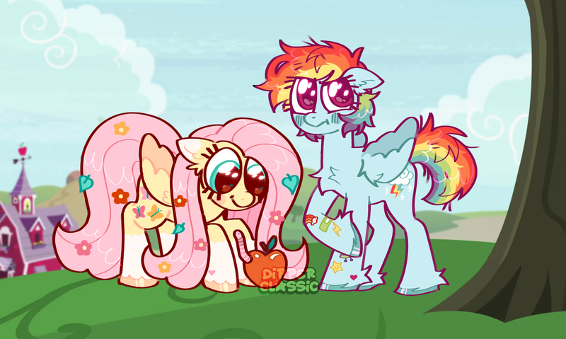 Size: 2000x1198 | Tagged: safe, artist:dipperclassic, derpibooru import, fluttershy, rainbow dash, pegasus, pony, worm, apple, apple worm, barn, big eyes, blushing, chest fluff, cloud, colored ears, cute, dashabetes, duo, ear fluff, female, flower, flower in hair, fluffy, flutterdash, folded wings, food, grass, image, lesbian, looking at something, looking away, looking down, outdoors, png, redesign, scenery, shipping, shyabetes, sky, socks (coat marking), sweet apple acres, three quarter view, tree, tsundere, two toned wings, varying degrees of amusement, wings