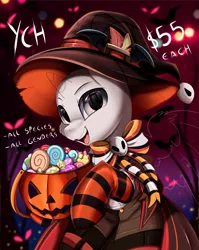 Size: 2550x3209 | Tagged: safe, artist:pridark, derpibooru import, oc, pony, advertisement, any gender, any species, bow, bowtie, bust, candies, clothes, commission, halloween, hat, holiday, image, png, portrait, pumpkin, socks, solo, striped socks, ych sketch, your character here