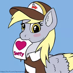 Size: 1000x1000 | Tagged: safe, artist:redquoz, derpibooru import, derpy hooves, pegasus, pony, alternate design, baseball cap, blue background, blushing, cap, clothes, derp, ear fluff, female, hat, heart, hearts and hooves day, holiday, image, jpeg, looking at you, mailmare, mare, mouth hold, nom, shirt, simple background, solo, text, two toned wings, uniform, url, valentine's day, wings, yellow mane