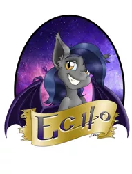 Size: 763x1000 | Tagged: source needed, safe, artist:dae, derpibooru import, oc, oc:echo, unofficial characters only, bat pony, pony, bat pony oc, bat wings, bedroom eyes, bust, commission, digital art, fangs, female, image, jpeg, mare, portrait, smiling, solo, spread wings, teeth, wings