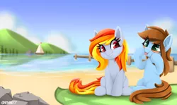 Size: 3700x2200 | Tagged: safe, artist:rivin177, derpibooru import, oc, oc:shinycyan, oc:tridashie, earth pony, pegasus, pony, beach, blue sky, cloud, coast, commission, daylight, image, mountain, picnic, pier, png, sand, sea pear, sitting, solo, tongue out, yacht