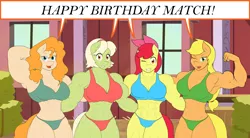 Size: 4631x2552 | Tagged: suggestive, artist:calm wind, artist:matchstickman, derpibooru import, apple bloom, applejack, granny smith, pear butter, anthro, earth pony, 1000 years in photoshop, abs, apple brawn, applejacked, barn, biceps, birthday, birthday gift art, bra, breasts, busty apple bloom, busty applejack, busty granny smith, busty pear butter, cleavage, clothes, deltoids, female, females only, flexing, gift art, granny smash, happy birthday, image, midriff, muscles, muscular female, one eye closed, panties, pear buffer, pecs, png, this will end in snu snu, underwear, wink, younger, young granny smith