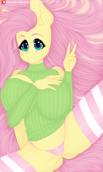 Size: 1150x1920 | Tagged: questionable, alternate version, artist:rise_of_evil_69, derpibooru import, fluttershy, anthro, pegasus, pony, big breasts, big eyes, breasts, busty fluttershy, cleavage, clothes, cute, ear fluff, female, heart eyes, huge breasts, image, looking at you, lying down, mare, on back, panties, patreon, patreon logo, peace sign, pink underwear, png, sexy, shyabetes, simple background, smiling, smiling at you, socks, solo, solo female, stray strand, striped socks, sweater, sweatershy, thigh highs, underwear, wingding eyes