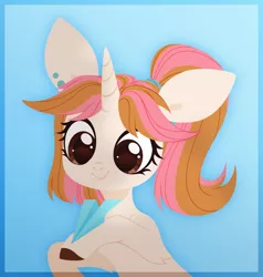 Size: 3000x3145 | Tagged: safe, artist:belka-sempai, derpibooru import, oc, oc:belka, unofficial characters only, pony, unicorn, bust, cute, ear piercing, female, high res, holding, horn, image, looking at something, mare, paper airplane, piercing, png, ponytail, portrait, raised hoof, side ponytail, simple background, smiling, solo, telegram, telegram (software), three quarter view, unicorn oc