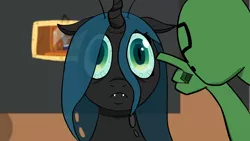 Size: 1920x1080 | Tagged: safe, artist:sodapop200, derpibooru import, queen chrysalis, oc, oc:anon, changeling, human, robot, closed mouth, eyes open, fangs, floppy ears, frown, horn, image, mouth closed, photo, png, poking, robot changeling, transparent, transparent mane, wide eyes