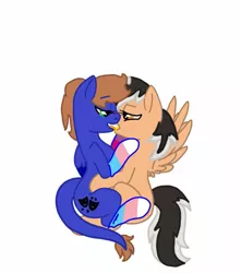 Size: 827x934 | Tagged: suggestive, artist:magickyotearts112295, derpibooru import, oc, oc:airin sparkle, oc:hearty felt, original species, pegasus, pony, airifelt, base used, bisexual pride flag, clothes, female, image, jpeg, kissing, lesbian, lewd, oc x oc, pride, pride flag, shipping, simple background, socks, spread wings, theater masks, trans female, transgender, transgender pride flag, white background, winged lion pegasus, wings