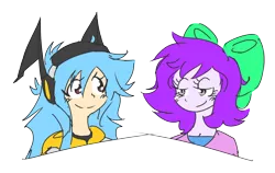 Size: 1526x964 | Tagged: safe, artist:doodlegamertj, derpibooru import, oc, oc:mable syrup, oc:musicallie, unofficial characters only, human, equestria girls, blue hair, bow, clothes, hoodie, humanized, image, png, purple hair, simple background, transparent background