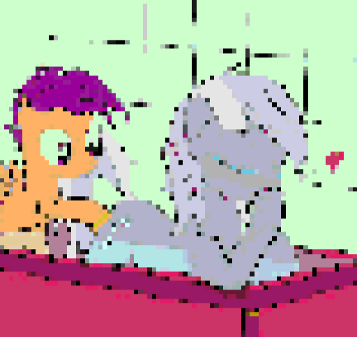 Size: 512x483 | Tagged: suggestive, artist:pacmanplayz, derpibooru import, edit, scootaloo, silver spoon, female, image, lesbian, lewd, pixelated, png, ship, shipper on deck, shipping, spoonaloo