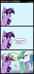 Size: 2414x5266 | Tagged: safe, artist:julunis14, derpibooru import, princess celestia, twilight sparkle, alicorn, pony, unicorn, :p, blasphemy, bonk, cheek fluff, chest fluff, comic, dialogue, ear fluff, eyes closed, floppy ears, frown, glare, heresy, image, looking up, missing accessory, newspaper, no, open mouth, png, shoulder fluff, silly, silly pony, simple background, sitting, smiling, speech bubble, tongue out, unicorn twilight