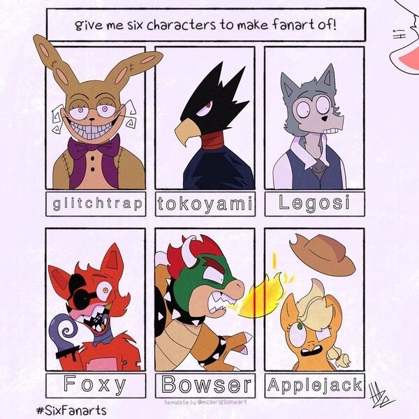 Size: 1080x1080 | Tagged: safe, artist:haze_acid, derpibooru import, applejack, anthro, earth pony, pony, turtle, wolf, six fanarts, animatronic, anthro with ponies, beastars, bowser, bust, choker, crossover, eyepatch, female, fire, five nights at freddy's, foxy, fumikage tokoyami, glitchtrap, grin, hat, hook, horns, image, jpeg, legosi (beastars), mare, my hero academia, necktie, open mouth, signature, smiling, spiked choker, super mario bros.