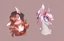 Size: 2118x1363 | Tagged: safe, artist:iheyyasyfox, derpibooru import, oc, oc:red velvet, oc:yasy, unofficial characters only, pony, brown background, bust, female, image, mare, png, portrait, simple background