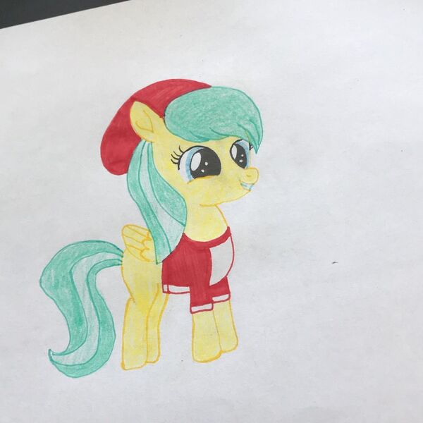 Size: 1080x1080 | Tagged: safe, artist:lillycloudart, derpibooru import, barley barrel, pegasus, pony, clothes, eyelashes, female, filly, hat, image, jpeg, smiling, solo, traditional art, wings