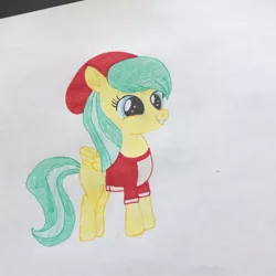 Size: 1080x1080 | Tagged: safe, artist:lillycloudart, derpibooru import, barley barrel, pegasus, pony, clothes, eyelashes, female, filly, hat, image, jpeg, smiling, solo, traditional art, wings