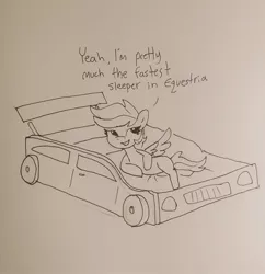 Size: 1440x1486 | Tagged: safe, artist:tjpones, derpibooru import, rainbow dash, pegasus, pony, bed, car, female, grayscale, image, jpeg, mare, missing cutie mark, monochrome, pencil drawing, race car bed, racecar, sketch, solo, traditional art