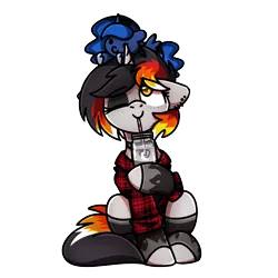 Size: 1240x1240 | Tagged: safe, artist:sugar morning, derpibooru import, princess luna, oc, oc:moonshine, pony, unicorn, alcohol, choker, clothes, collar, cute, drinking, drinking straw, ear piercing, earring, female, flannel, flannel shirt, freckles, gloves, hoofless socks, image, jar, jewelry, latex, latex gloves, latex socks, looking up, mare, moonshine, one eye closed, piercing, plushie, png, shirt, sitting, smiling, socks, stockings, thigh highs