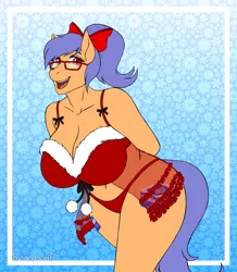 Size: 3400x3900 | Tagged: suggestive, artist:hasana-chan, derpibooru import, oc, oc:blueberry crisp, unofficial characters only, anthro, earth pony, pony, unguligrade anthro, anthro oc, arm behind back, babydoll, babydoll lingerie, big breasts, bow, breasts, christmas, cleavage, clothes, commission, digital art, earth pony oc, female, gift art, glasses, hair bow, hearth's warming eve, holiday, huge breasts, image, mare, nightgown, png, smiling, solo, solo female