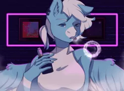 Size: 2514x1855 | Tagged: safe, artist:wild_kissel, derpibooru import, oc, oc:freezing blizzard, unofficial characters only, anthro, pegasus, ear piercing, freckles, image, looking at you, neon, piercing, png, simple background, solo, vape, vaping, vapor