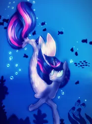 Size: 1024x1366 | Tagged: safe, artist:princessrosemcmitten, derpibooru import, twilight sparkle, alicorn, fish, jellyfish, pony, seapony (g4), bubble, clothes, coral, crepuscular rays, dorsal fin, female, fin wings, fish tail, flowing mane, flowing tail, glow, horn, image, jpeg, looking up, ocean, purple eyes, seaponified, seapony twilight, seaweed, see-through, smiling, solo, species swap, swimming, tail, underwater, water, wings